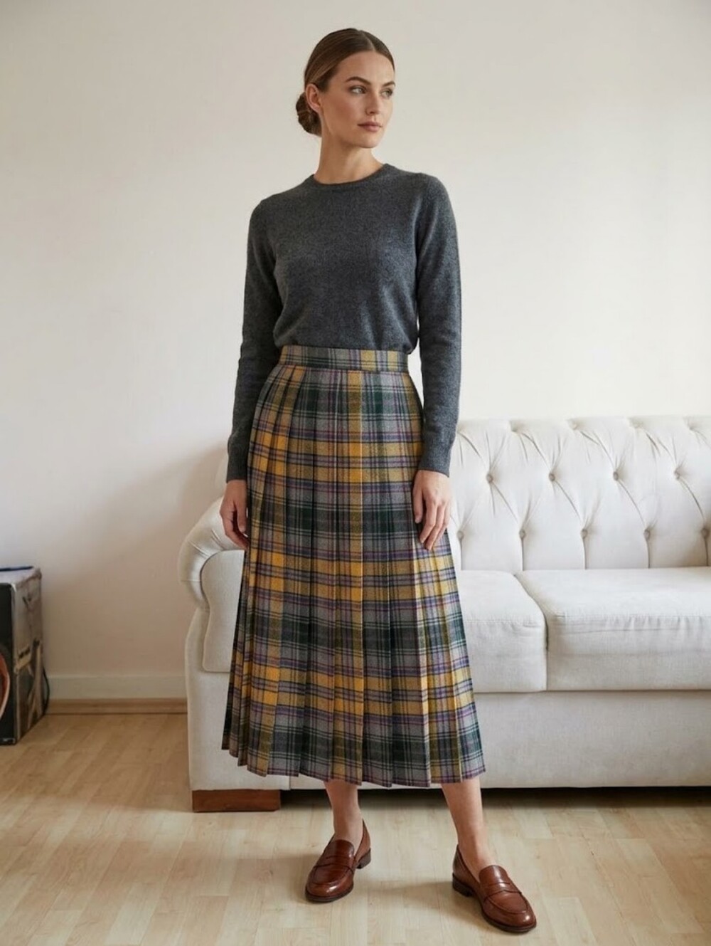 High-Waist Yellow and Green Plaid Midi Skirt
